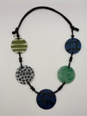 Colorful Patterned Disc Necklace - Blue, Green, Olive - by Sylca